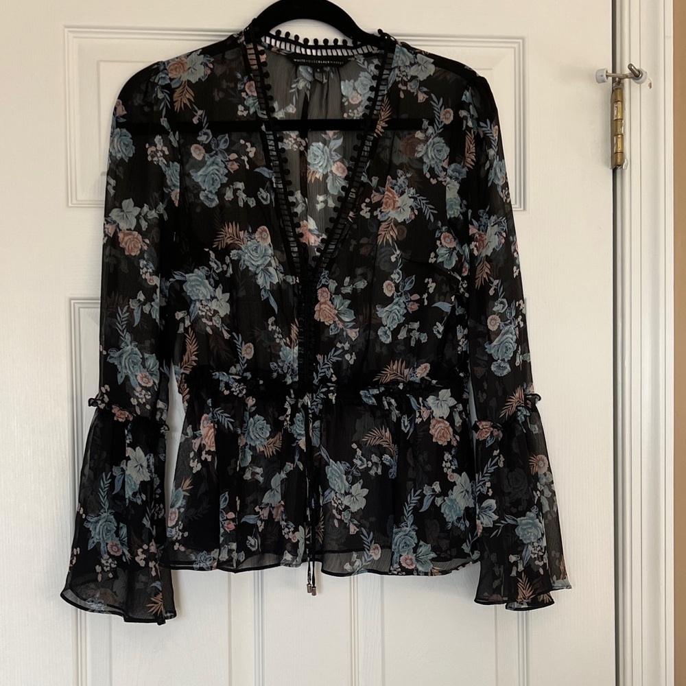 Floral Sheer Tie-Waist Blouse - Black with Blue & Pink Flowers